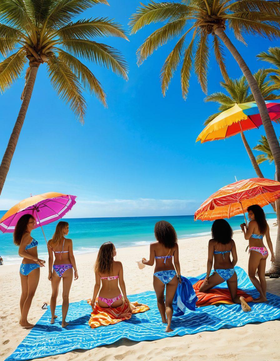 A sunny beach scene featuring diverse models showcasing the latest San Marco bikini trends, adorned with vibrant patterns and colors. Include a stylish beach umbrella and colorful beach towels in the foreground. Capture the essence of summer with a bright blue ocean and palm trees in the background. Emphasize a joyful atmosphere with sunlight gleaming on the water. super-realistic. vibrant colors. summer vibe.